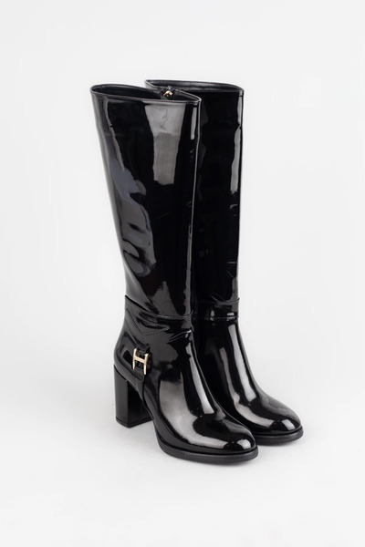 Adım Adım Γυναικείες μακριές μπότες με φερμουάρ και τακούνι, καθημερινές μαύρες λουστρίνι