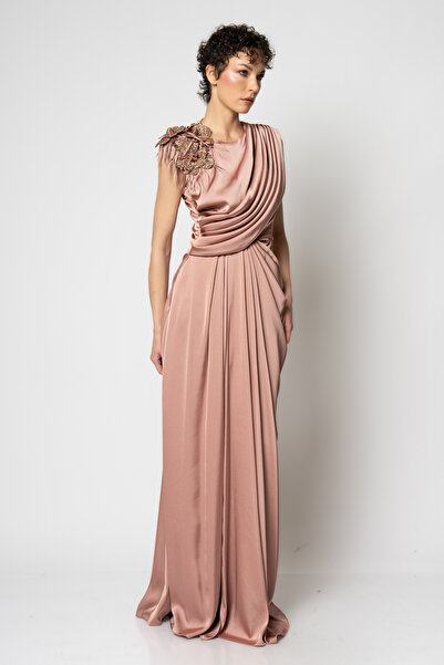 RENGIN Omzu glitter çiçekli belden pileli kolsuz abiye elbise