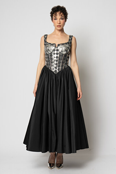 RENGIN Üstü kot kumaşa boncuk işlemeli tafta etekli abiye elbise