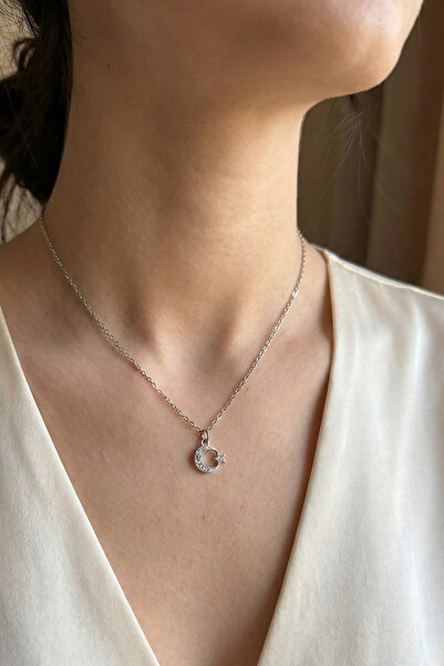 Modex Thin Chain Stone Minimal Moon Star Necklace (40+5cm)