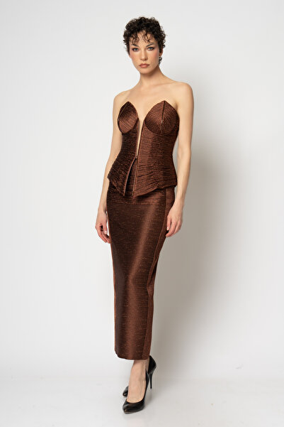 RENGIN Büstiyeri komple büzgülü deri biyeli simli tül etekli ikili abiye takım