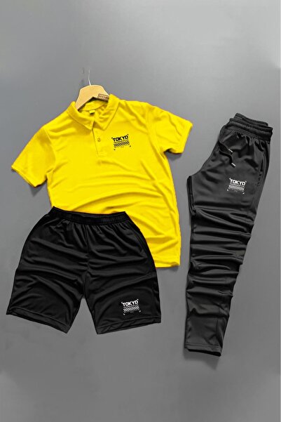 NOFLEN Polo Yaka Tokyo Printed 3-Piece Shorts and Sweatpants Set