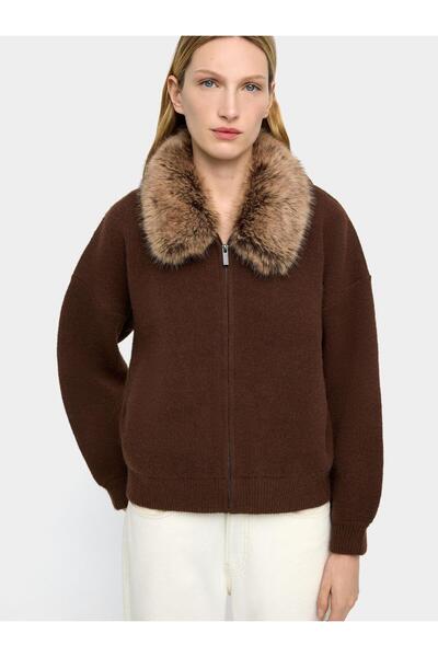 PARFOIS Suni Kürk Yakalı Örme Hırka