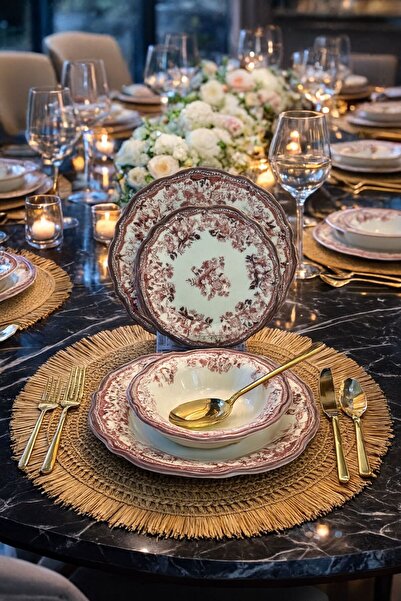 Onedekor 24 Parça 6 Kişilik Porselen Yemek takımı Velour Maroon