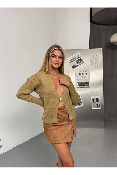 KECHİ WOMAN Single Button Knit Cardigan with Gold Accessories