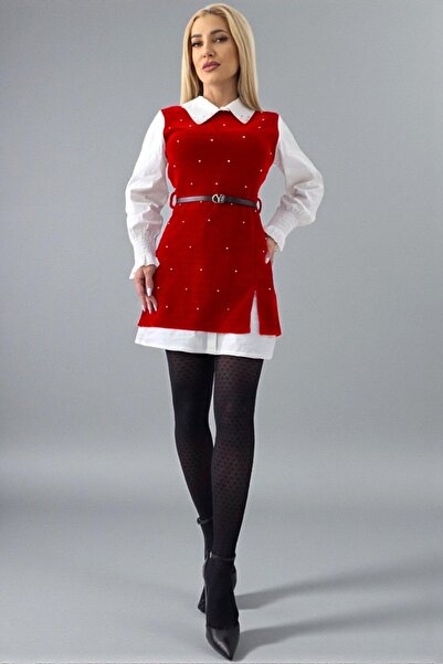 FashionForYou Rochie tip cămașă Iuliana, cu rochie de vară cu aplicații și curea asortată, Roșu intens, Mărime S/M