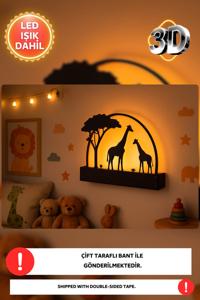 Dekorvin 3D Zürafa Arizona Ormanı Gece Lambası Bebek Çocuk Odası Duvar Dekora...