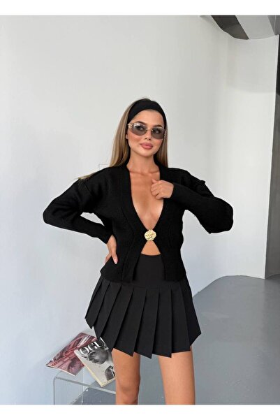 KECHİ WOMAN Single Button Knit Cardigan with Gold Accessories