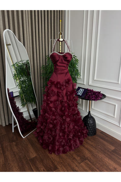 Generic Luxury Mikado evening gown with hand embroidery - 3D roses - mermaid design in royal burgundy