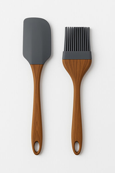 PERLAEVKAHVE طقم مطبخ من السيليكون مكون من قطعتين - ملعقة تقليب وفرشاة تزييت (مقبض بمظهر خشبي)
