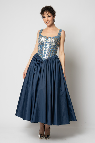 RENGIN Üstü kot kumaşa boncuk işlemeli tafta etekli abiye elbise