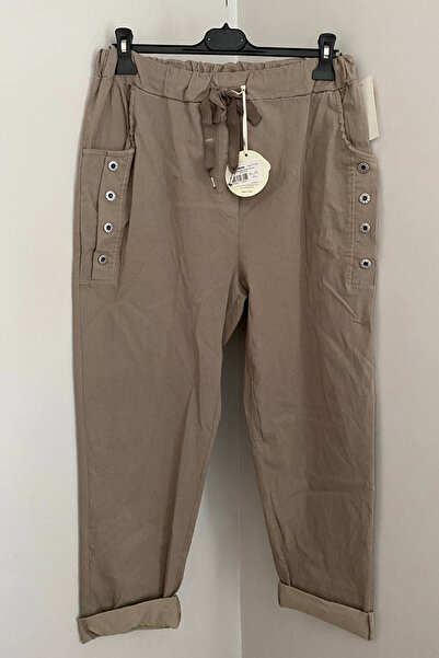 AYASOFYA OTANTIK Women's Italian Mink Elastic Waist Straight Pattern Studded Detail Pocketed Loose Casual Pants