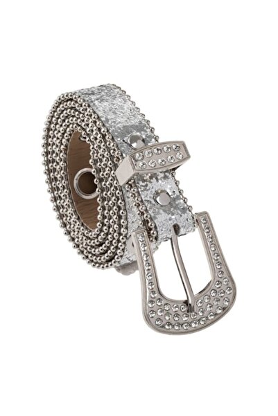 OEM Curea neagră cu cataramă metalică cu sclipici argintiu și strass argintiu...