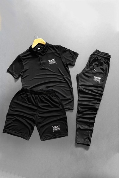 NOFLEN Polo Yaka Tokyo Printed 3-Piece Shorts and Sweatpants Set