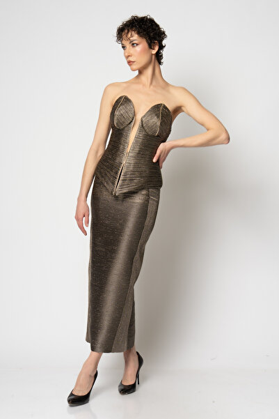 RENGIN Büstiyeri komple büzgülü deri biyeli simli tül etekli ikili abiye takım