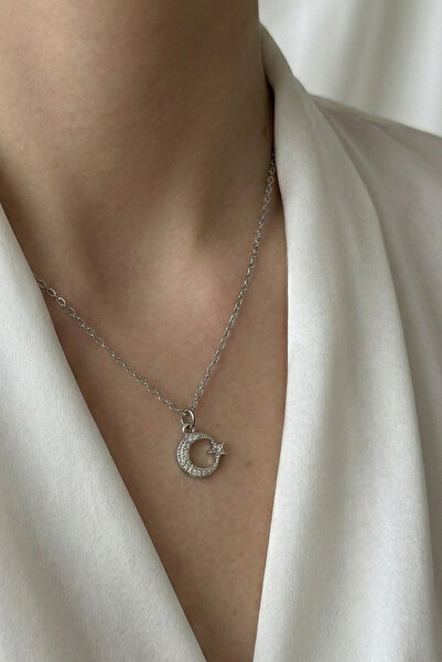 Modex Thin Chain Stone Embroidered Moon Star Necklace (40+5cm)
