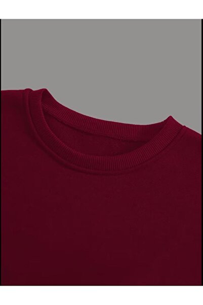 SELENA BUTİK Unisex Crew Neck Plain Burgundy Sweatshirt