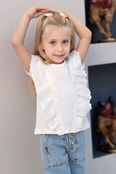 Breeze Girl's T-Shirt with Lace Flowers Embroidery, Ages 1.5-5, White