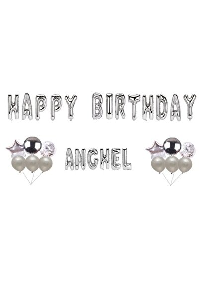 OEM Set baloane „La mulți ani” cu înger, decor pentru tort, argintiu, 35 buc.