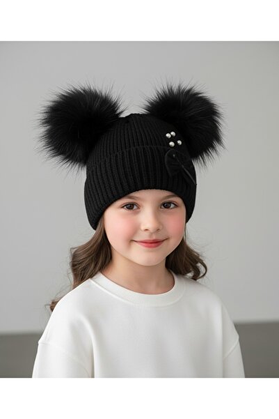 gigigiyim Girls' Knitted Beanie with Double Pompom and Pearl Detail