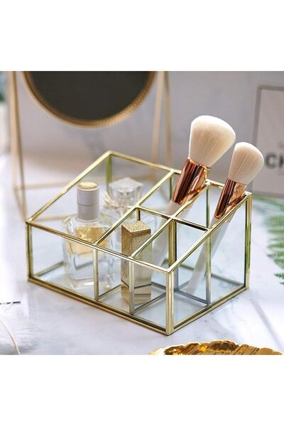 EsaDesign Cam Gold 5 Bölmeli Makyaj Organizer - Vernilkli Pirinç, Ayna taban, Şık Tasarım