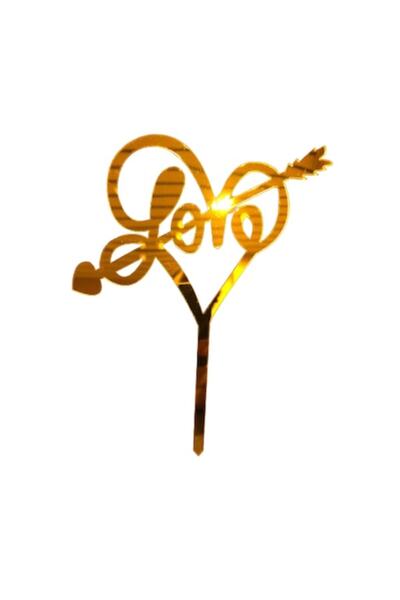 OEM Топер за торта „Любов“ — сърце със стрелка, златисто, 13x14 см