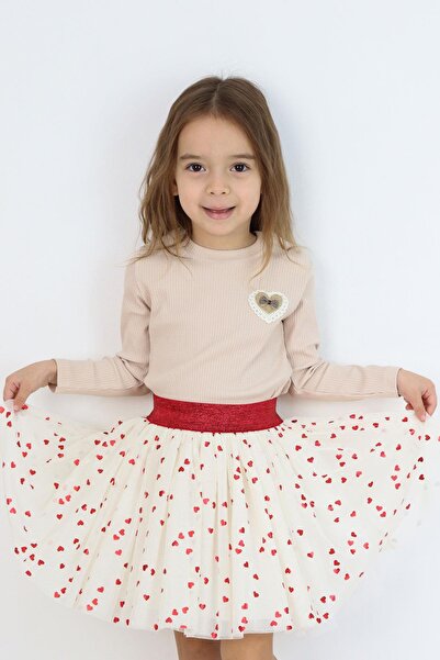 Breeze Girl's Long Sleeve T-Shirt with Heart Emblem and Bow, Ages 5-10, Beige