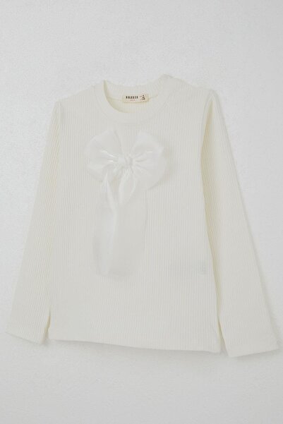 Breeze Girl's Long Sleeve T-Shirt with Bow Accessory, Ages 8-12, Ecru