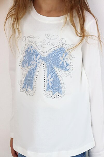 Breeze Μακρυμάνικο μπλουζάκι για κορίτσια με φιόγκο με τύπωμα με λεπτομέρεια από πέτρα, ηλικία 8-12 ετών, λευκό