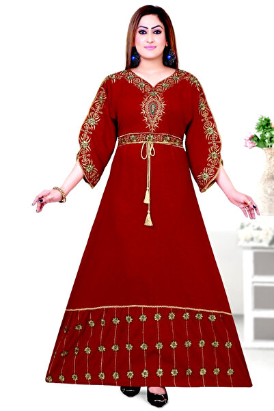 Zainah Regal Embroidered Maxi Jallabiya / Kaftan | 3/4 Sleeve, Included Belt & Sweeping Hem Border