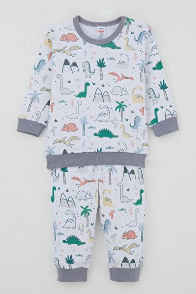 Breeze Baby Boy Tracksuit Set with Shoulder Patches, Cute Dinosaurs Pattern, 4 Months-1 Year Old, White