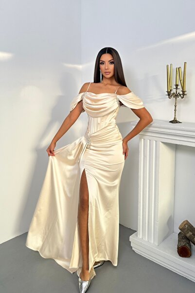 İyem Abiye Omuz Ve Bel Taşlı Sarkık Kol Saten Şık Tasarım Abiye Elbise Dar Kalıp