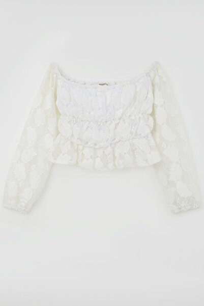 Breeze Κοριτσίστικη μακρυμάνικη δαντελωτή μπλούζα με σχέδιο φύλλων 9-14 ετών, λευκό