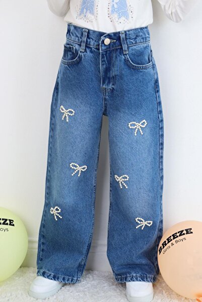 Breeze Pantaloni din denim pentru fete, cu detaliu de perle, cu fundă brodată, 5-9 ani, albastru