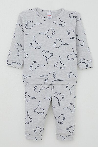 Breeze Baby Boy Pajama Set with Shoulder Patches, Cute Dinosaur Pattern, 4 Months-1 Year, Light Gray Melange