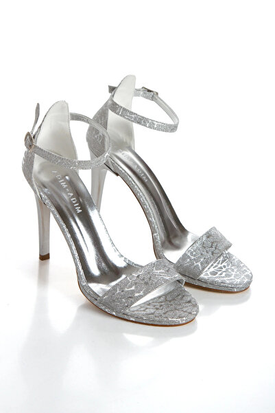 MFT AYAKKABI Women's Silver High Heeled Special Material Single Strap Evening Dress Shoes