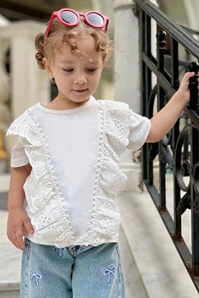 Breeze Girl's T-Shirt with Lace Flowers Embroidery, Ages 1.5-5, White