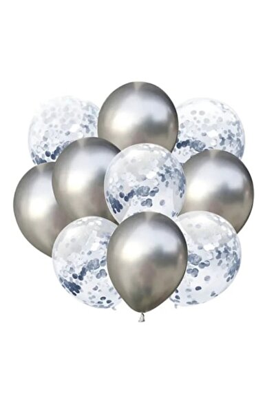 PartyPal Σετ 10 ασημένιων χρωμιωμένων μπαλονιών 30 cm με κομφετί