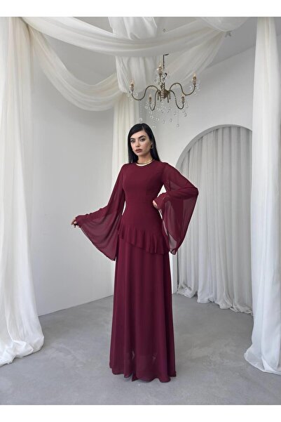 Nils Kids Butik Şifon Fırfır Detay Uzun Abiye Elbise-Volanlı kol, Peplum Detay