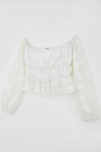 Breeze Κοριτσίστικη μακρυμάνικη δαντελωτή μπλούζα με σχέδιο φύλλων 9-14 ετών, λευκό