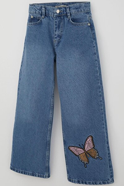 Breeze Girl's Jeans with Butterfly Embroidery, Buttoned and Zippered, Ages 10-14, Blue