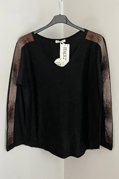 AYASOFYA OTANTIK Bluză pulover pentru femei, italiană, neagră, cu decolteu în...