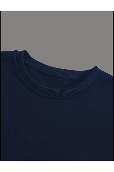 SELENA BUTİK Unisex Crew Neck Plain Navy Blue Sweatshirt