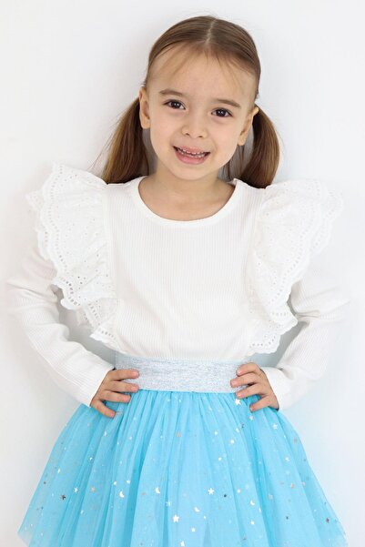 Breeze Μακρυμάνικο μπλουζάκι για κορίτσια με λουλουδάτο κέντημα στους ώμους και λεπτομέρεια από γκουίπορ, ηλικία 3-7 ετών, εκρού