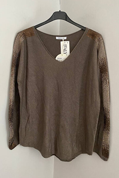 AYASOFYA OTANTIK Women's Italian Mink V-Neck Plain Patterned Sleeve Stone Detailed Blouse Sweater