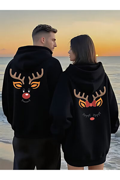 NEVERMIND Hanorac cu glugă pentru cuplu iubit – Geyik cu imprimeu Couple cu g...