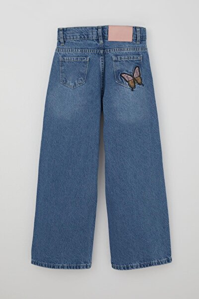 Breeze Girl's Jeans with Butterfly Embroidery, Buttoned and Zippered, Ages 10-14, Blue