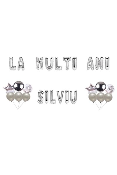OEM Комплект балони "Честит рожден ден, Силвиу", Топер за торта, сребърни, 35...
