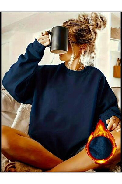 SELENA BUTİK Unisex Crew Neck Plain Navy Blue Sweatshirt