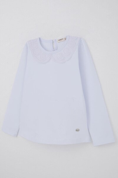 Breeze Tricou cu mânecă lungă pentru fetiță, cu detaliu din dantelă la partea de sus, 8-14 ani, alb catifelat